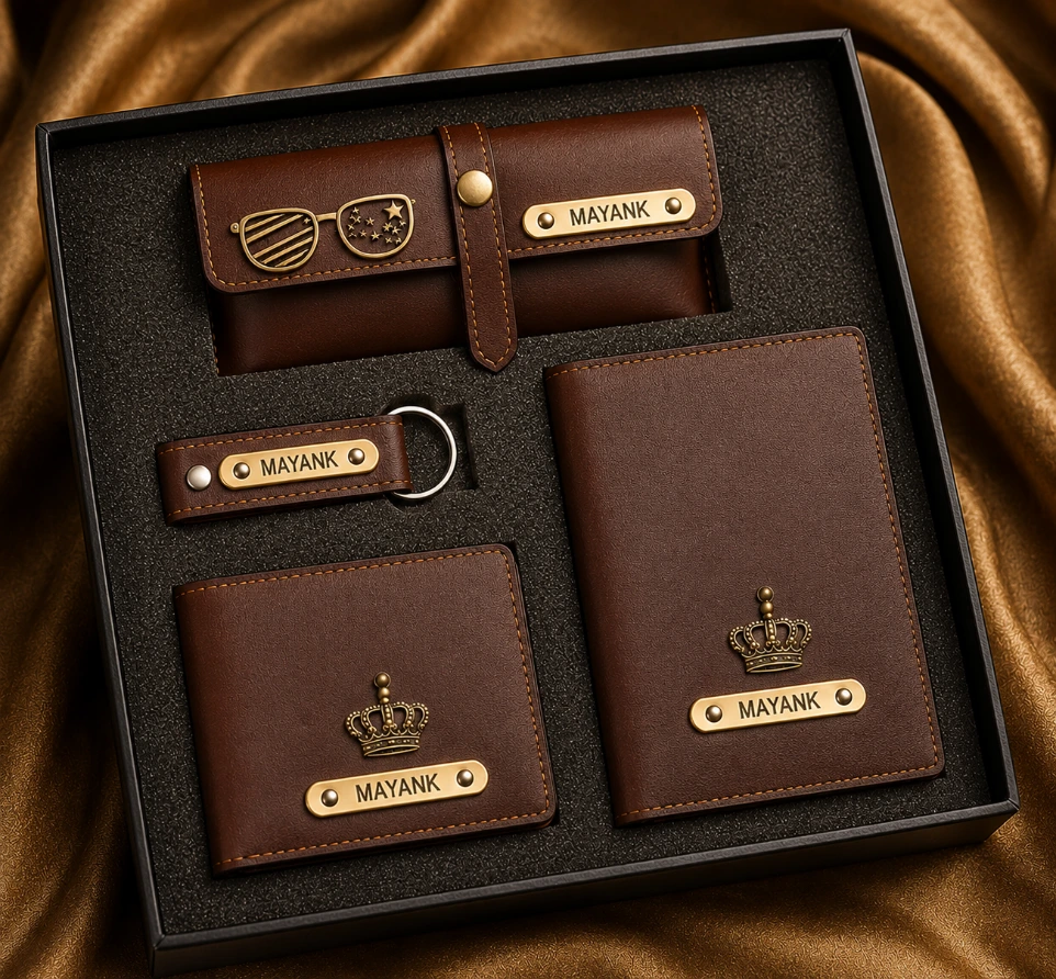 Premium Personalized Leather Gift Set for Men | Wallet, Passport Cover, Keychain & Eyewear case | Custom Name Engraved